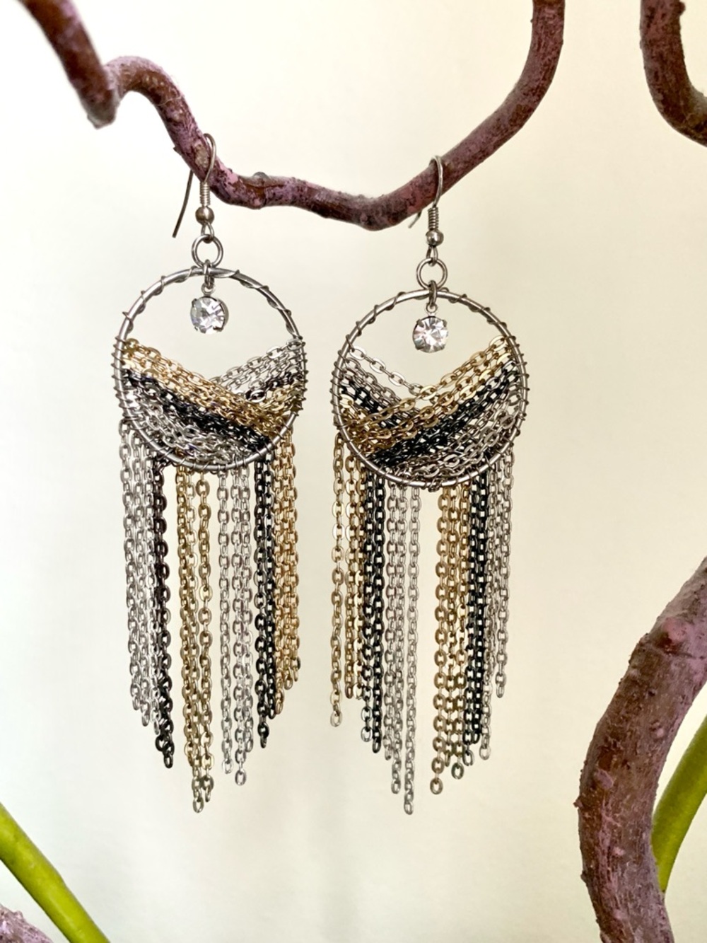 silver gold black chain link wire wrapped crystal dangle hoop earrings